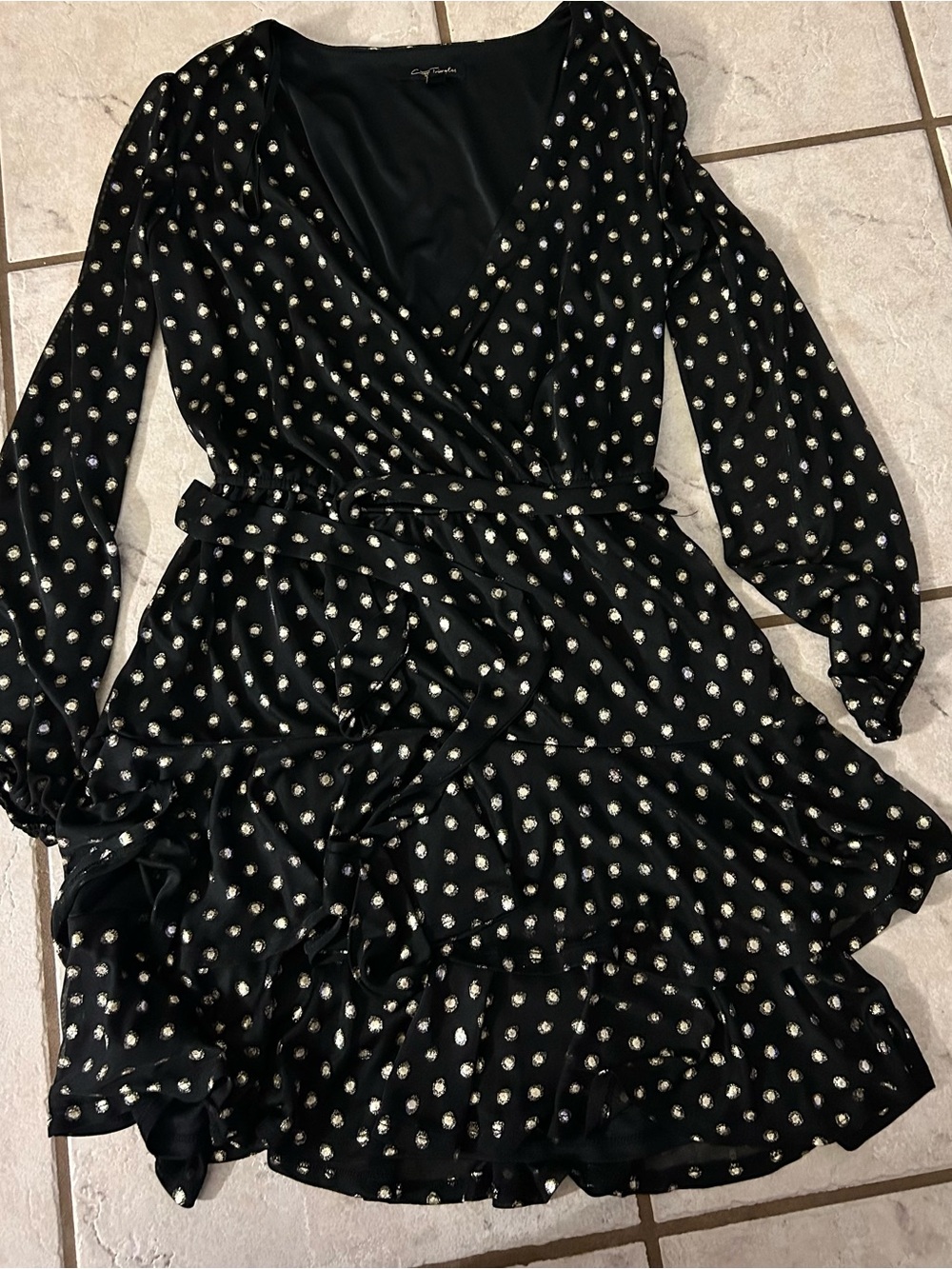 Black Polka Dot Wrap Dress with Ruffle Hem size XS rarely used